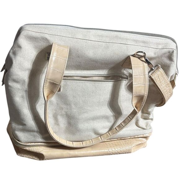 BEIS Handbags - Beis weekender bag‎ beige snakeskin mixed media travel suitcase attach carry on